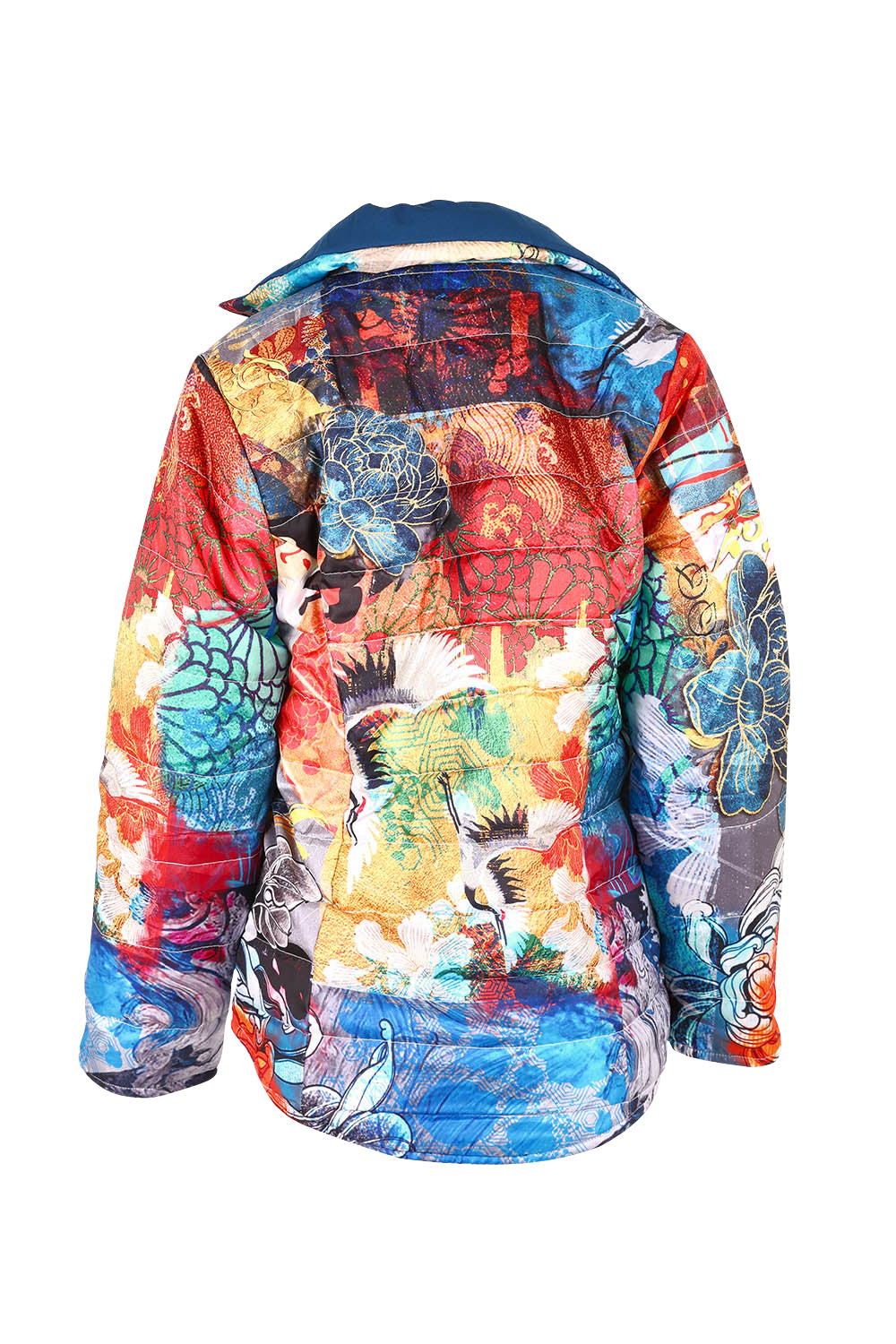 Product shot of the Oriental Nights Puffer Reversible Coat in colour Oriental, from the back