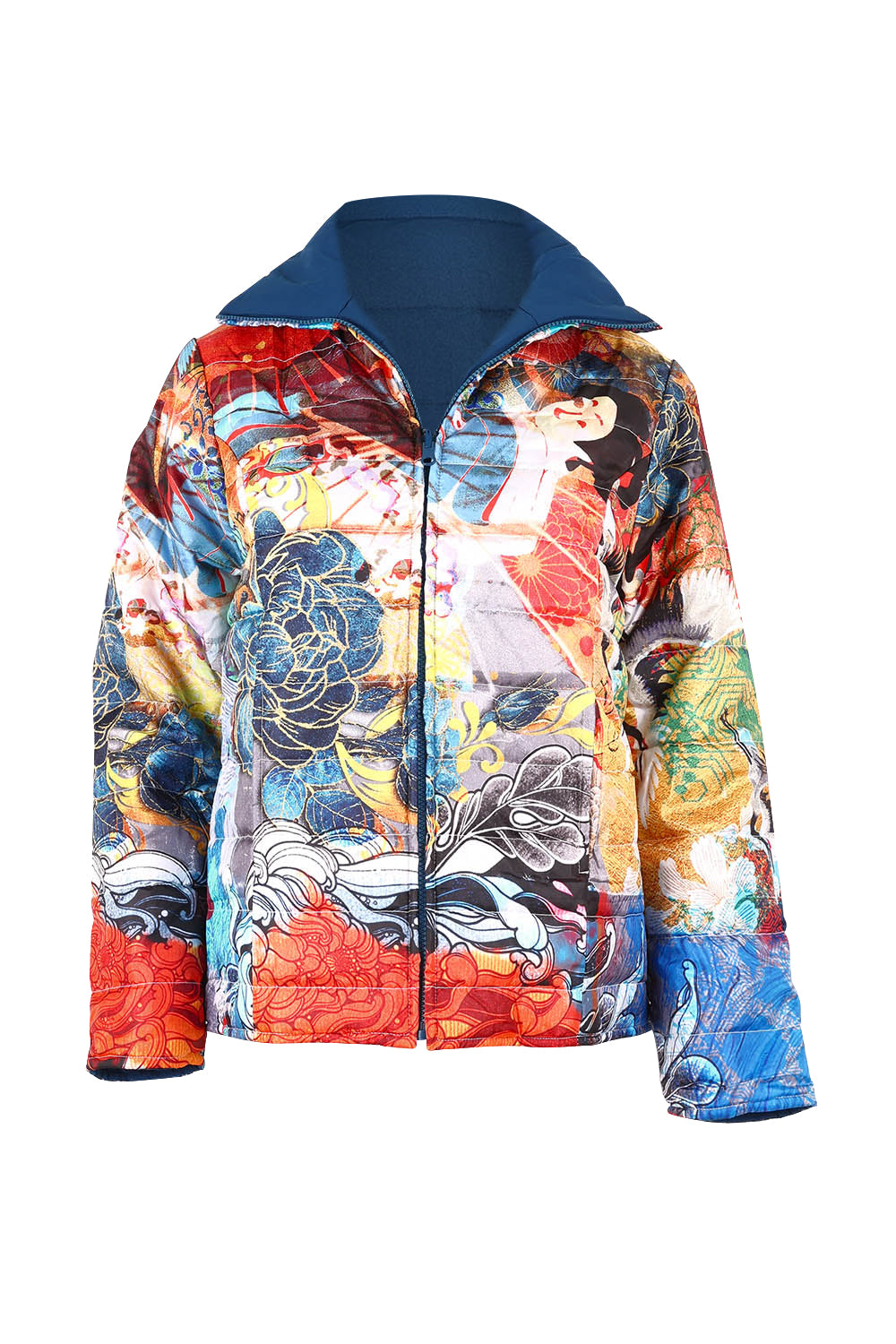 Product shot of the Oriental Nights Puffer Reversible Coat in colour Oriental, from the front