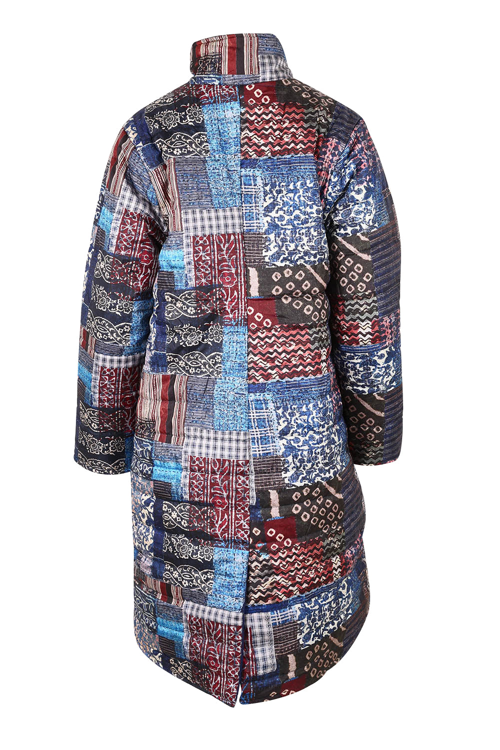 Product shot of the Kantha Reversible Patch Puffer Coat in colour Kantha (Blue), from the back