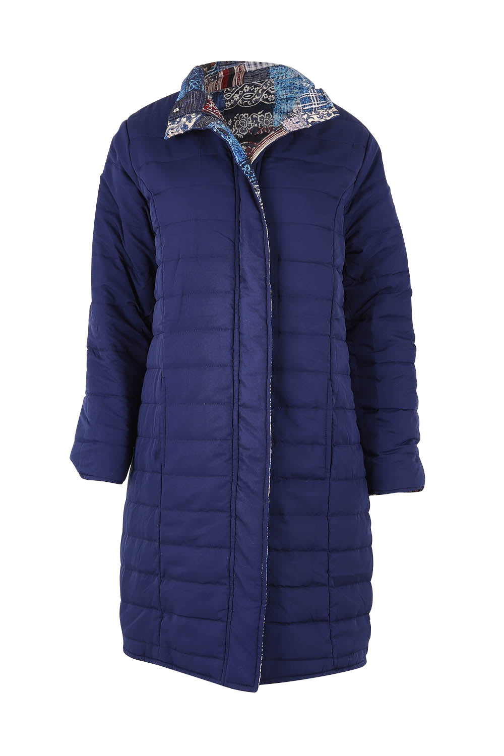 Product shot of the Kantha Reversible Patch Puffer Coat in colour Kantha (Blue), detail
