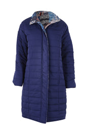 Product shot of the Kantha Reversible Patch Puffer Coat in colour Kantha (Blue), detail