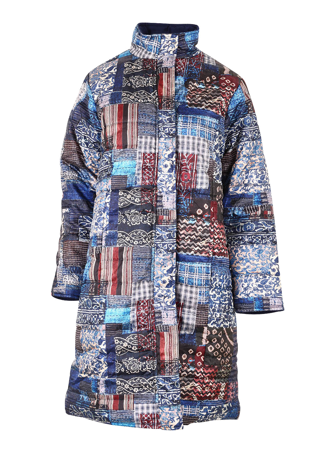 Product shot of the Kantha Reversible Patch Puffer Coat in colour Kantha (Blue), from the front