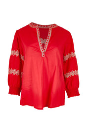 Product shot of the Essentials Embroidered Cotton Top - Red in colour Red, from the front