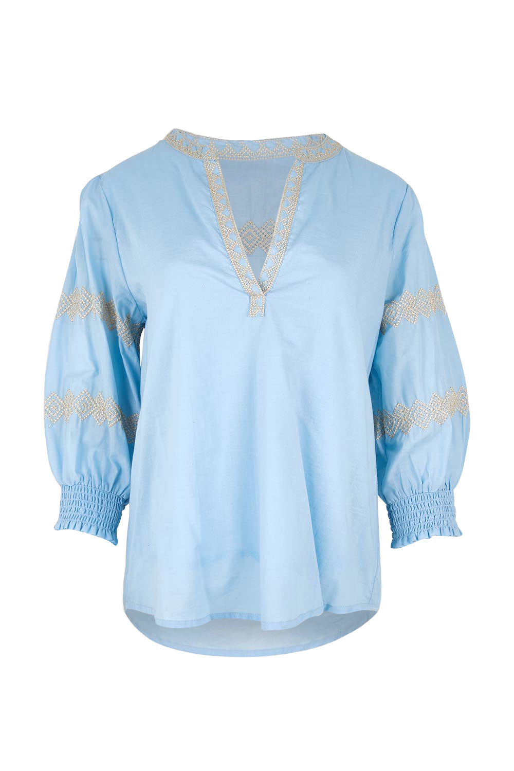 Product shot of the Essentials Embroidered Cotton Top - Sky in colour Sky, from the front
