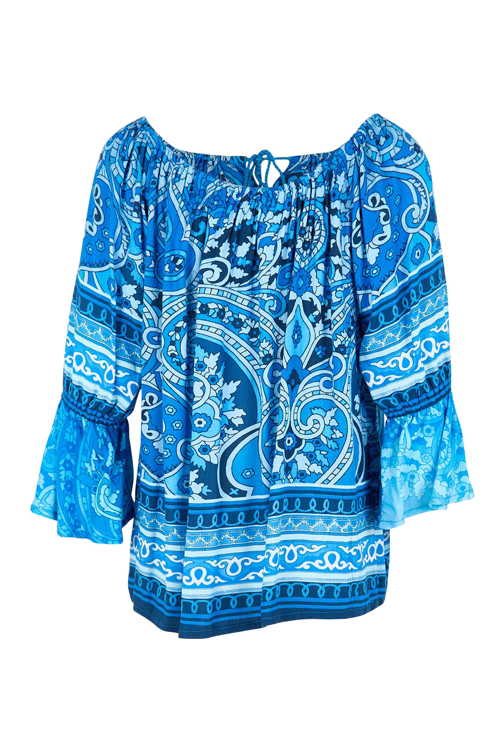 Product shot of the Boho Tassel Top – Blue in colour Blue, from the back