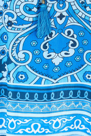 Product shot of the Boho Tassel Top – Blue in colour Blue, showing detail