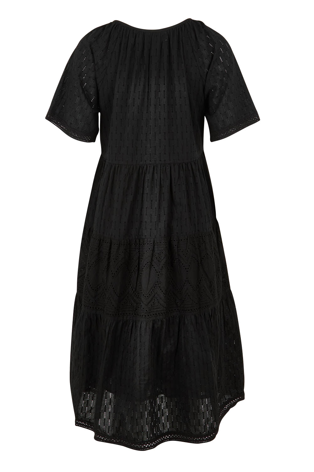 Product shot of the Essential Broderie Layers Cotton Dress in colour Black (Black), from the back