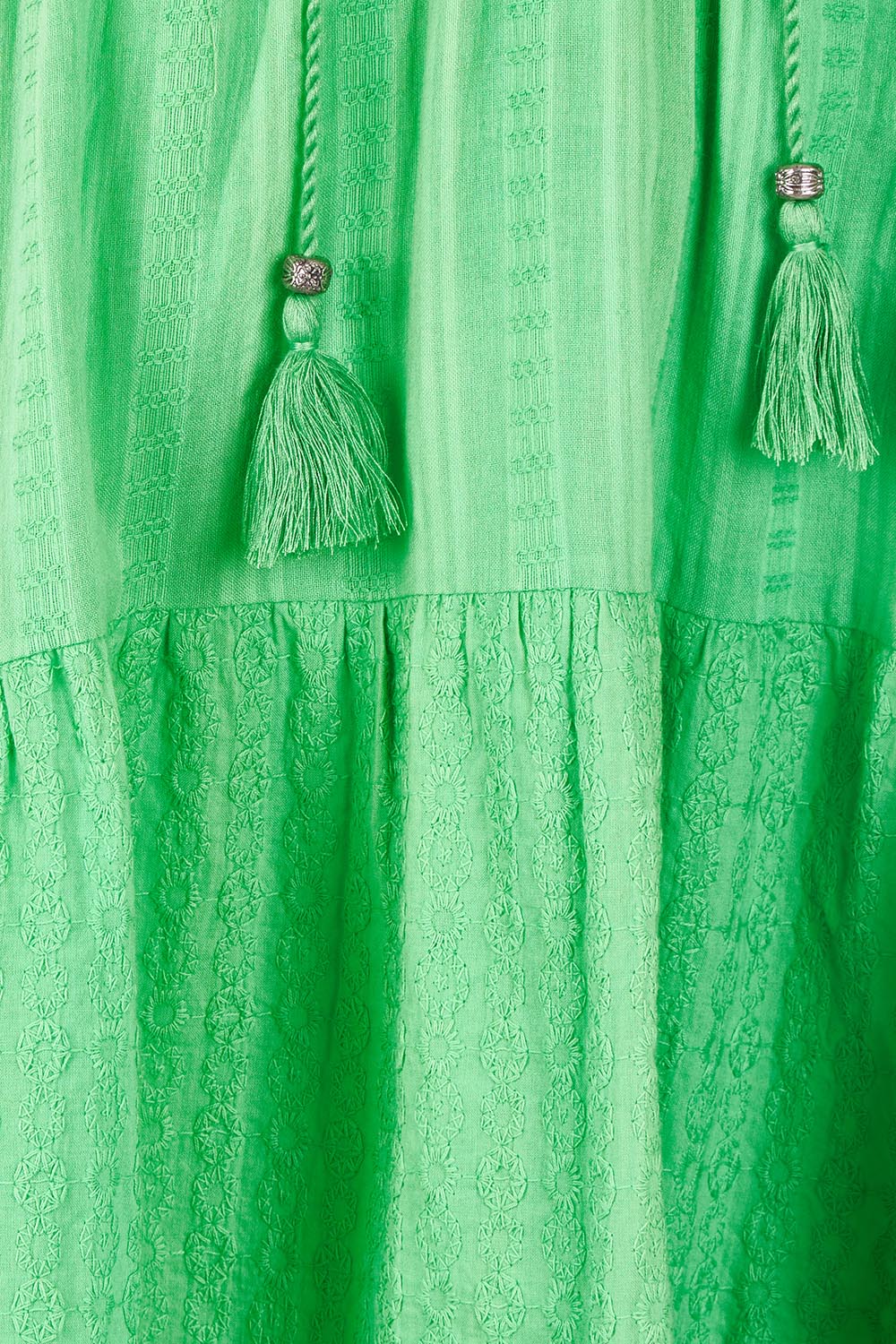Product shot of the Essential Broderie Layers Cotton Dress in colour Green (Green), detail