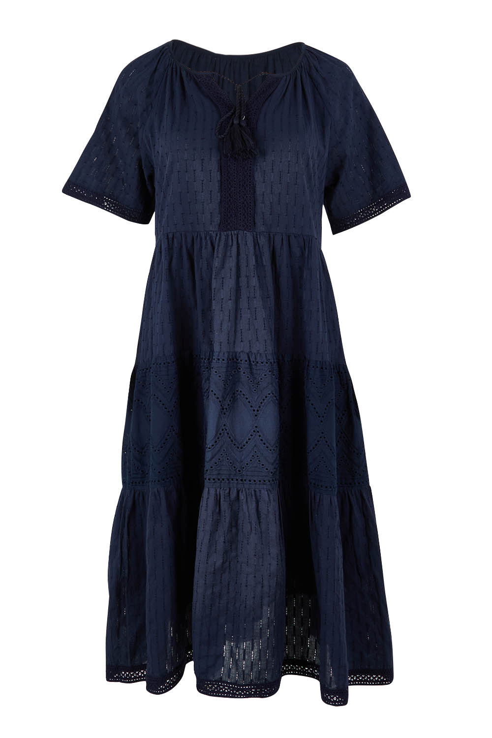 Product shot of the Essential Broderie Layers Cotton Dress in colour Navy (Blue), from the front