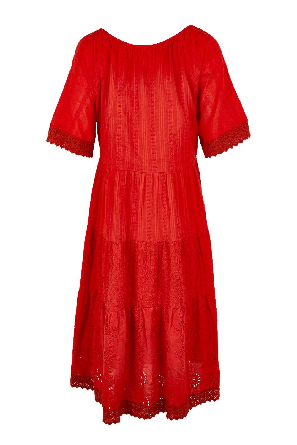 Product shot of the Essential Broderie Layers Cotton Dress in colour Red (Red), from the back