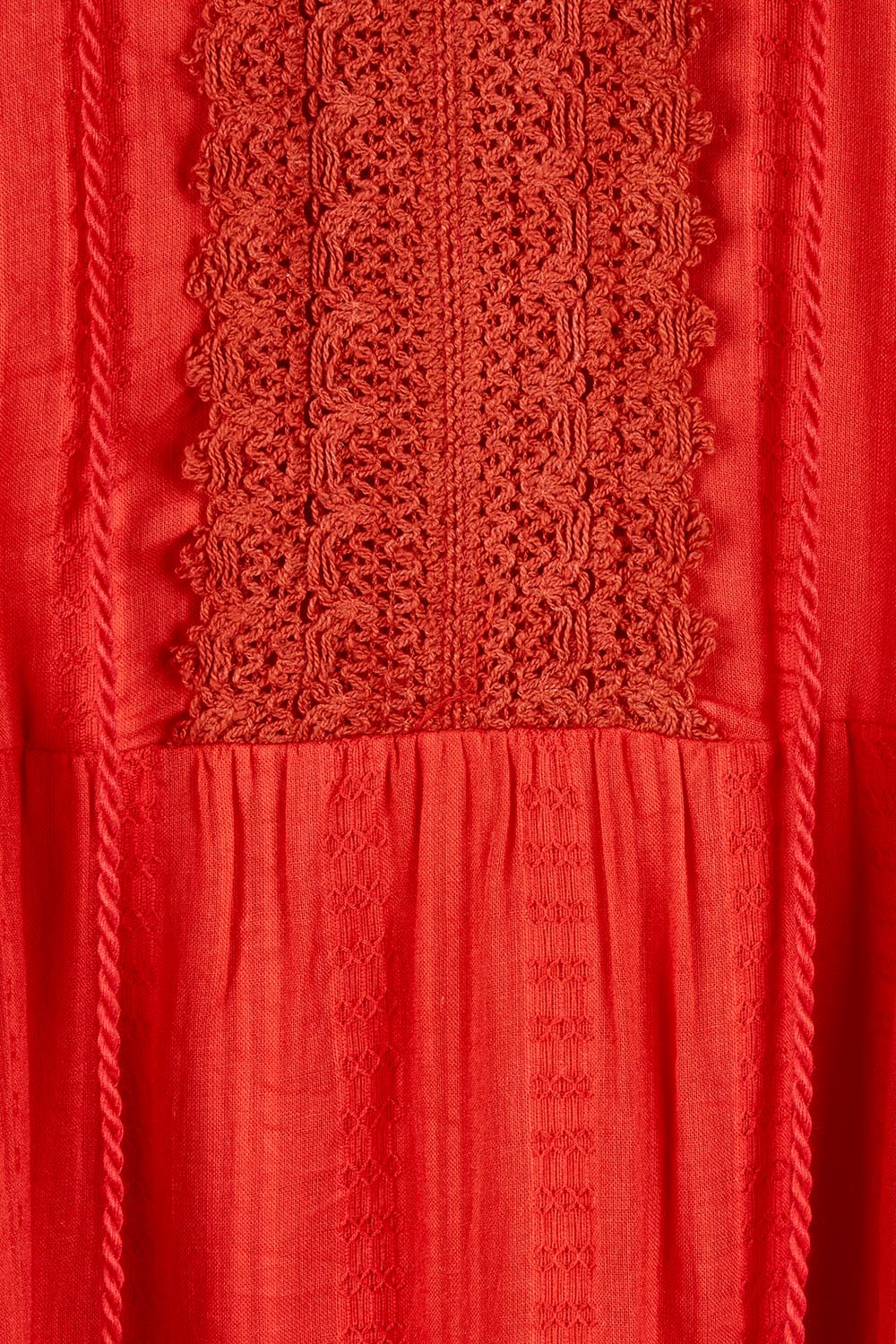 Product shot of the Essential Broderie Layers Cotton Dress in colour Red (Red), detail