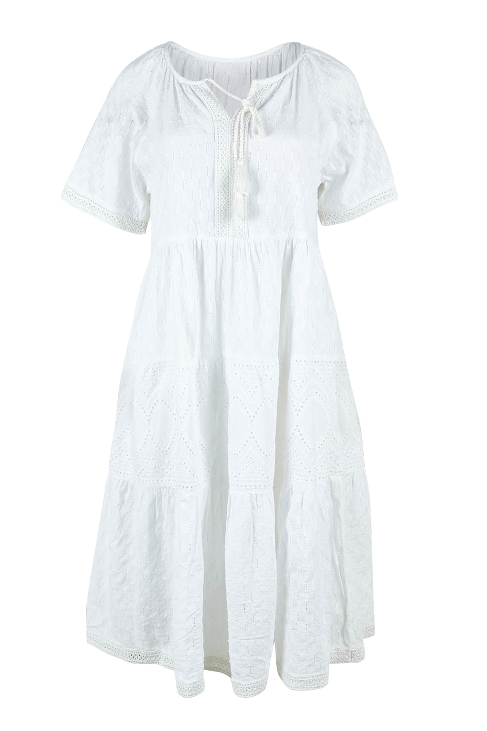 Product shot of the Essential Broderie Layers Cotton Dress in colour White (White), from the front
