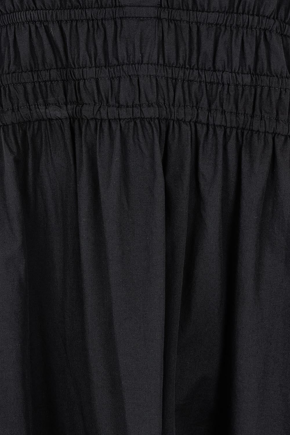 Product shot of the Essentials Organic Cotton Poplin Maxi Ruched Waist Dress in colour Black (Black), detail