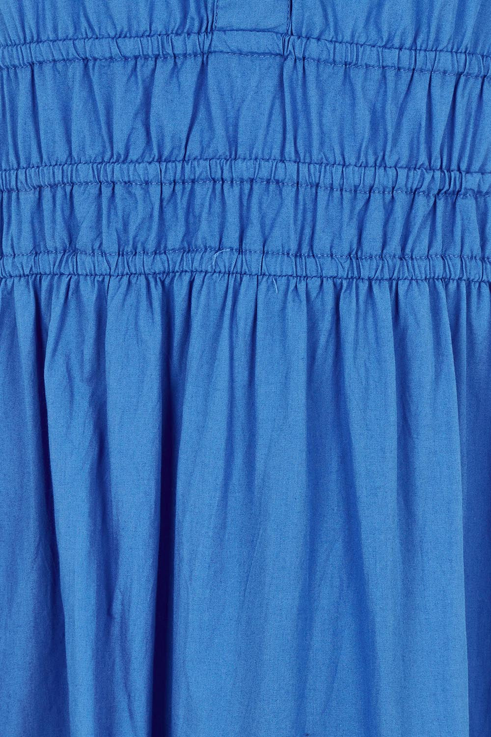 Product shot of the Essentials Organic Cotton Poplin Maxi Ruched Waist Dress in colour Blue (Blue), detail