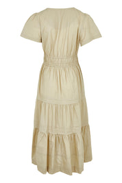 Product shot of the Essentials Organic Cotton Poplin Maxi Ruched Waist Dress in colour Sand, from the back