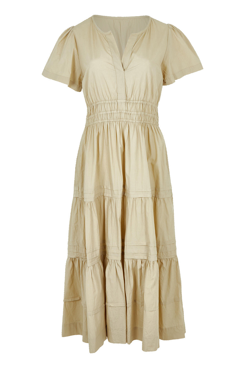 Product shot of the Essentials Organic Cotton Poplin Maxi Ruched Waist Dress in colour Sand, from the front