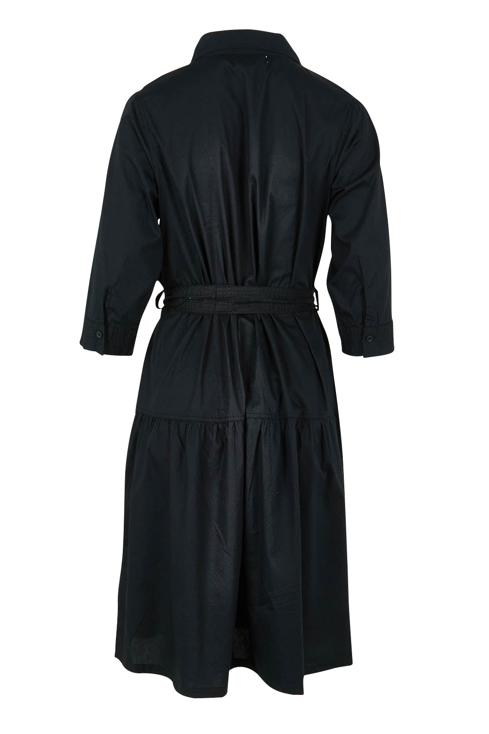 Product shot of the Essentials Organic Cotton Poplin Button through Belt dress in colour Black (Black), from the back