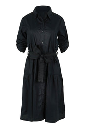 Product shot of the Essentials Organic Cotton Poplin Button through Belt dress in colour Black (Black), detail