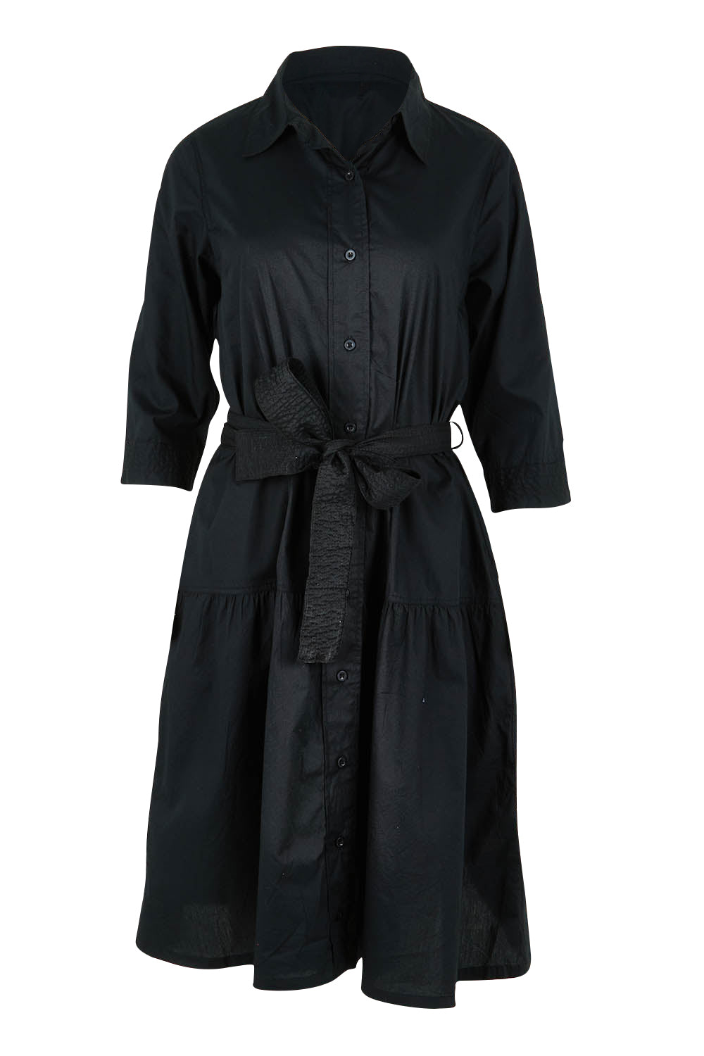 Product shot of the Essentials Organic Cotton Poplin Button through Belt dress in colour Black (Black), from the front