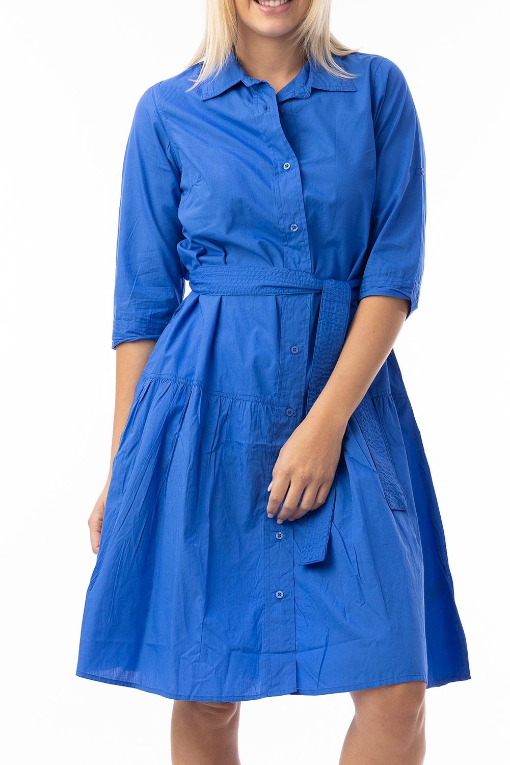 A model wearing the Essentials Organic Cotton Poplin Button through Belt dress in colour Blue (Blue), from the front, cropped image