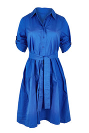 Product shot of the Essentials Organic Cotton Poplin Button through Belt dress in colour Blue (Blue), detail