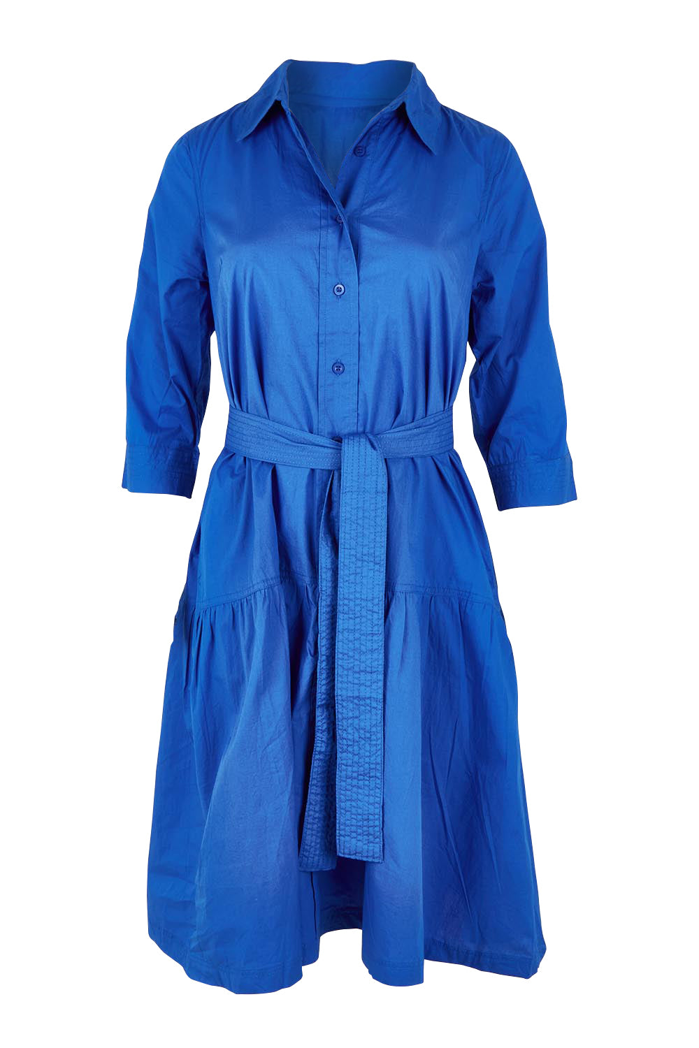 Product shot of the Essentials Organic Cotton Poplin Button through Belt dress in colour Blue (Blue), from the front