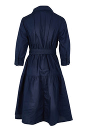 Product shot of the Essentials Organic Cotton Poplin Button through Belt dress in colour Navy (Blue), from the back