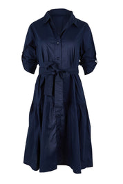 Product shot of the Essentials Organic Cotton Poplin Button through Belt dress in colour Navy (Blue), detail