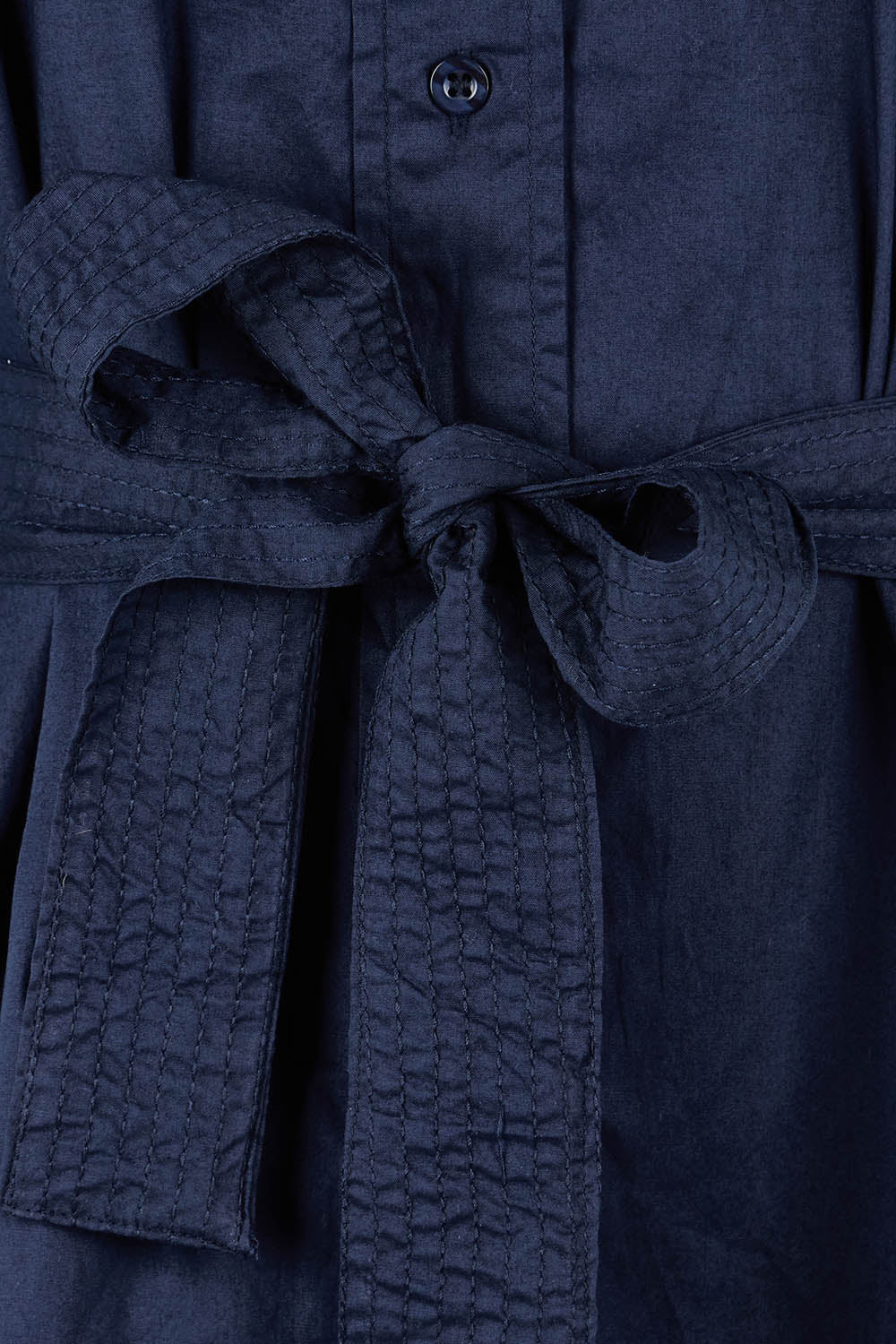 Product shot of the Essentials Organic Cotton Poplin Button through Belt dress in colour Navy (Blue), detail