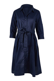 Product shot of the Essentials Organic Cotton Poplin Button through Belt dress in colour Navy (Blue), from the front