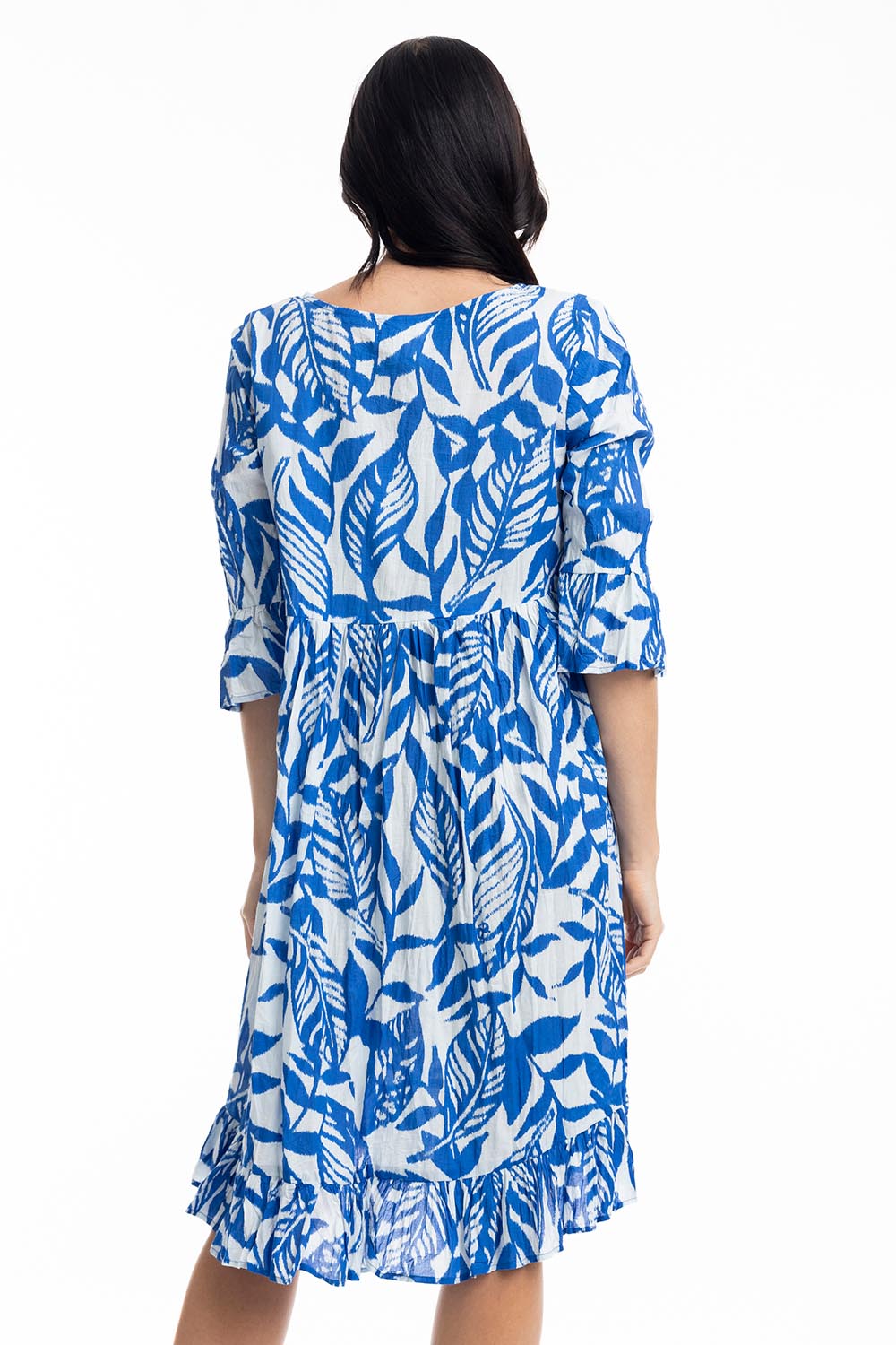 A model wearing the Hayman Cotton Blend Pinch Pleat Frill Sleeve Dress in colour Blue (Blue), from the back