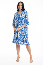 A model wearing the Hayman Cotton Blend Pinch Pleat Frill Sleeve Dress in colour Blue (Blue), from the front, showing the whole outfit