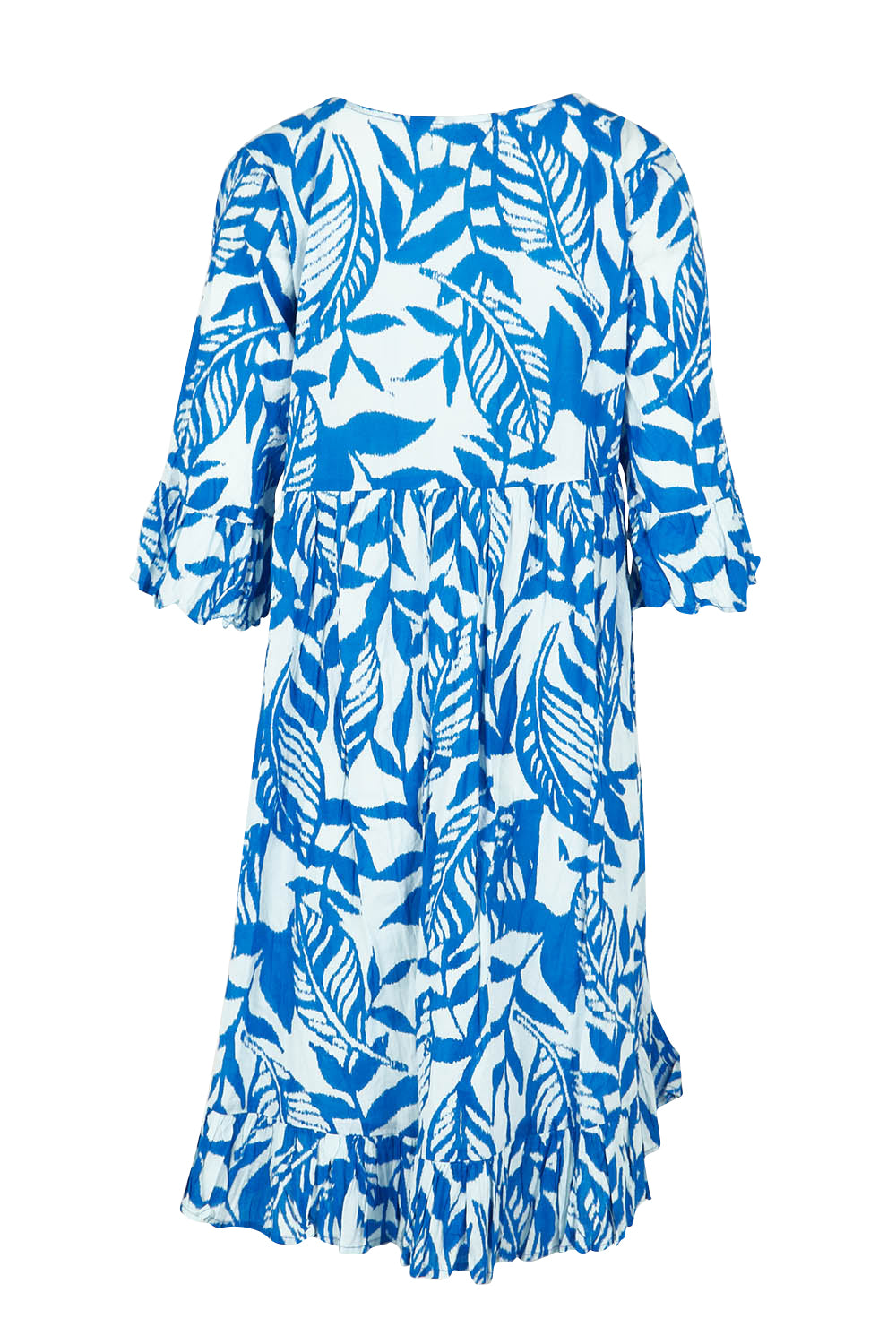 Product shot of the Hayman Cotton Blend Pinch Pleat Frill Sleeve Dress in colour Blue (Blue), from the back