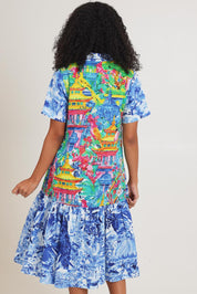 Model Ziara wearing size 10 of the Collar Patch Cotton Dress in colour Okayama, from the back