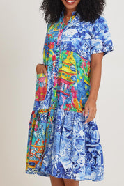 Model Ziara wearing size 10 of the Collar Patch Cotton Dress in colour Okayama, from the front, cropped image