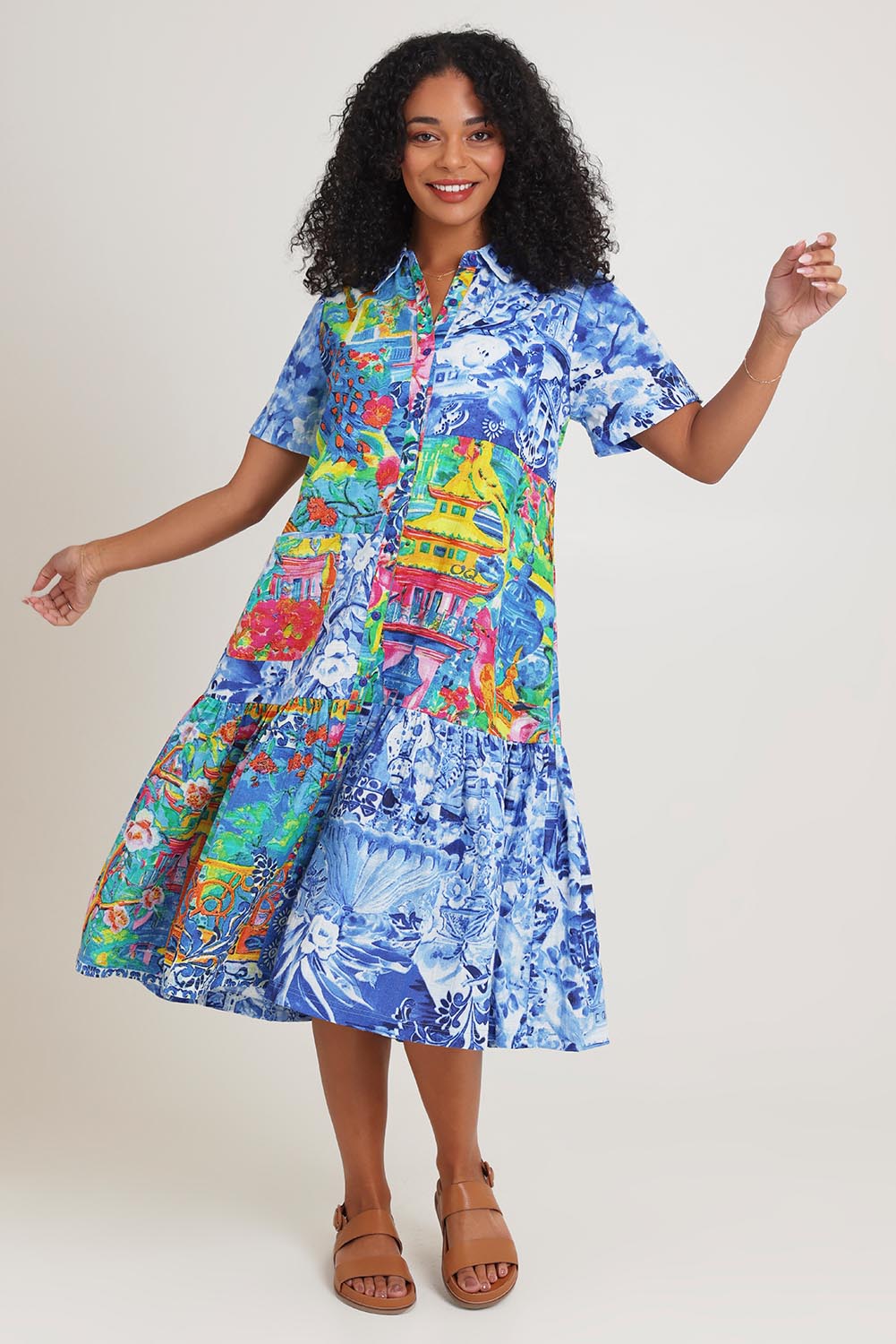 Model Ziara wearing size 10 of the Collar Patch Cotton Dress in colour Okayama, from the front, showing the whole outfit