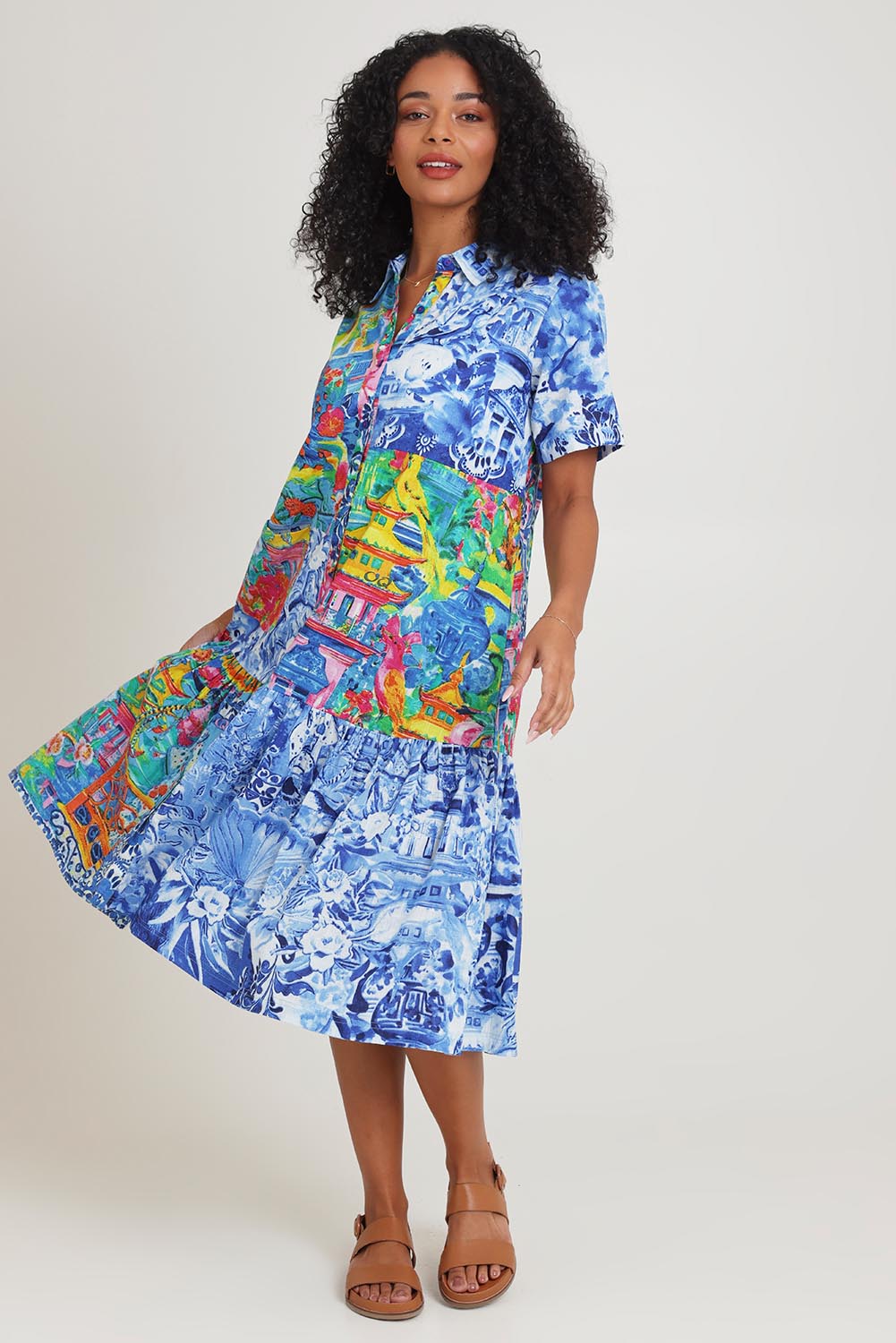 Model Ziara wearing size 10 of the Collar Patch Cotton Dress in colour Okayama, from the front, showing the whole outfit