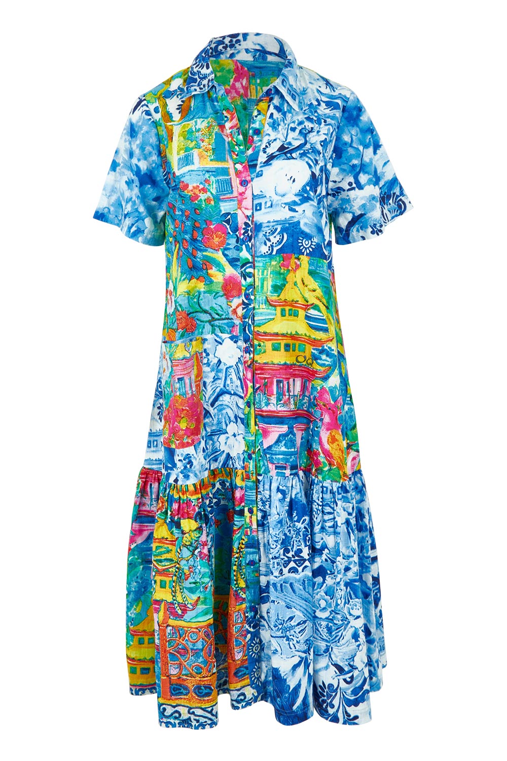 Product shot of the Collar Patch Cotton Dress in colour Okayama, from the front