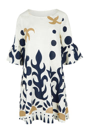 Product shot of the Frill Sleeve Contemporary Cotton Dress in colour Nazca, from the front