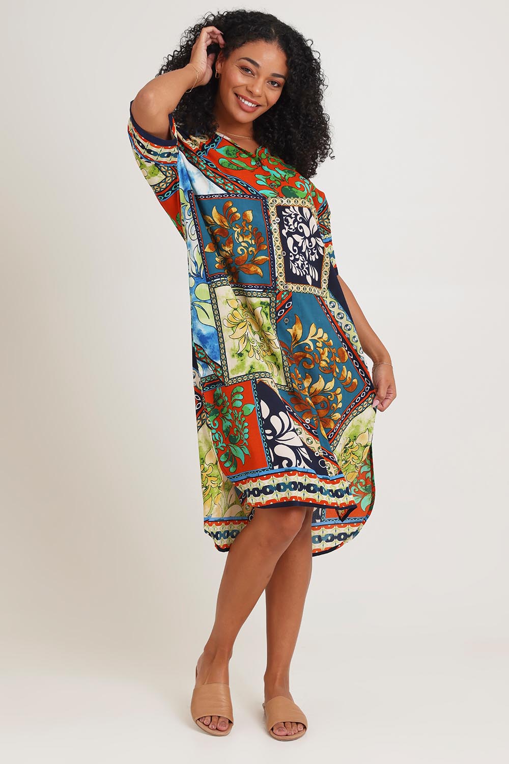 Model Ziara wearing size 10 of the Shirt Dress in colour Cabofria, from the front, showing the whole outfit