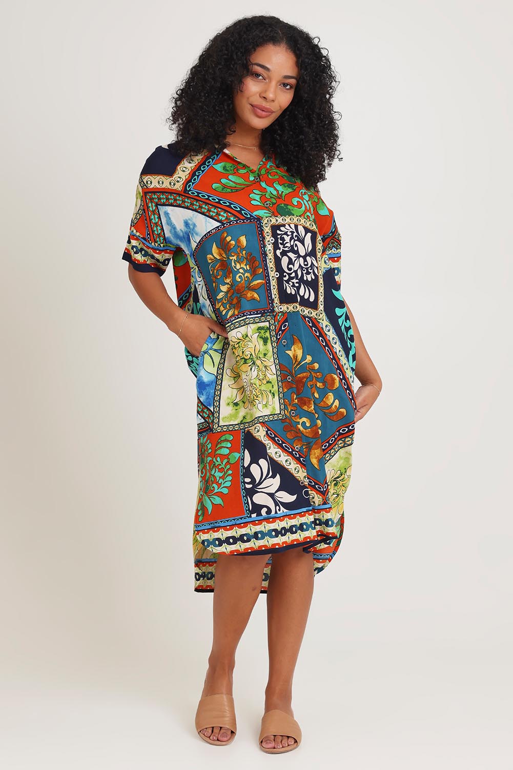 Model Ziara wearing size 10 of the Shirt Dress in colour Cabofria, from the front, showing the whole outfit