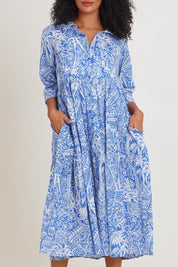 Model Ziara wearing size 10 of the Collar Cotton Midi Dress in colour Blue (Blue), from the front, cropped image