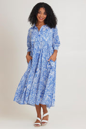 Model Ziara wearing size 10 of the Collar Cotton Midi Dress in colour Blue (Blue), from the front, showing the whole outfit