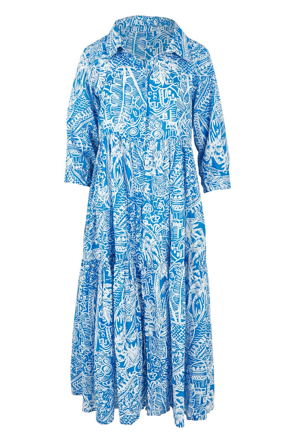 Product shot of the Collar Cotton Midi Dress in colour Blue (Blue), from the front