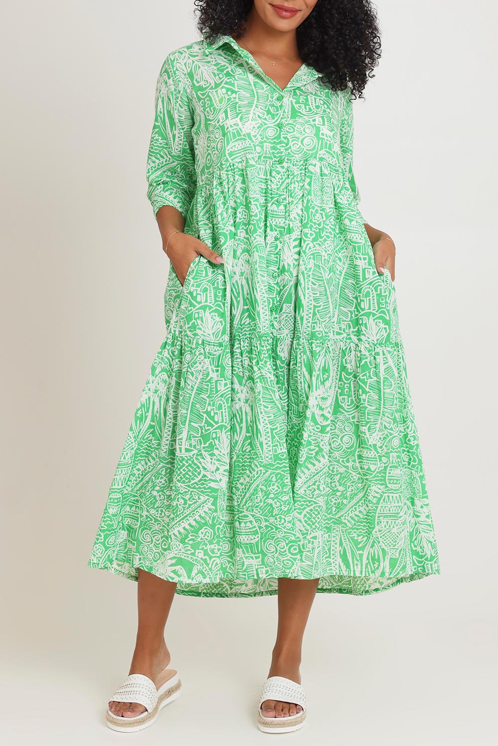 Model Kate wearing size 10 of the Collar Cotton Midi Dress in colour Green (Green), from the front, cropped image