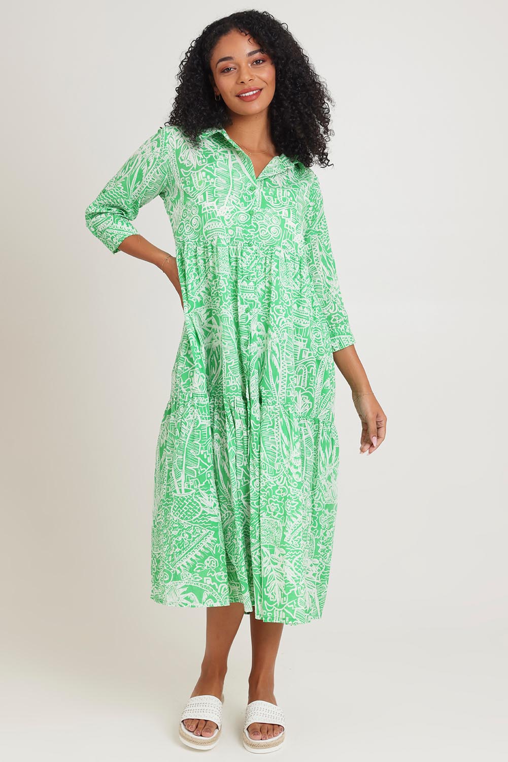 Model Ziara wearing size 10 of the Collar Cotton Midi Dress in colour Green (Green), from the front, showing the whole outfit