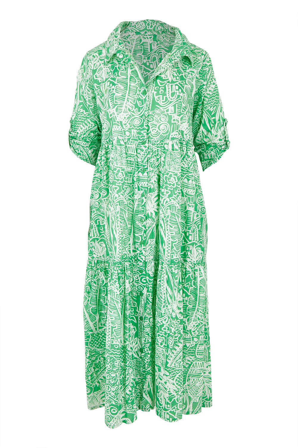 Product shot of the Collar Cotton Midi Dress in colour Green (Green), detail