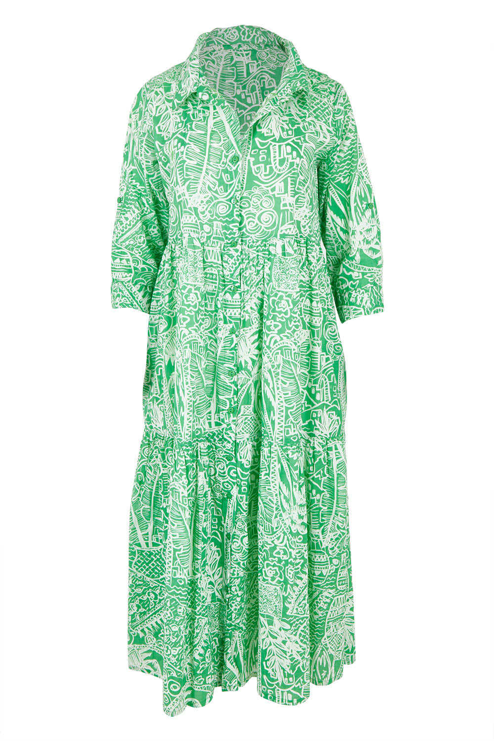 Product shot of the Collar Cotton Midi Dress in colour Green (Green), from the front
