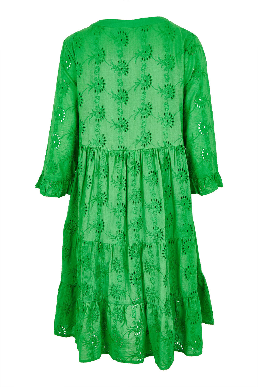 Product shot of the Essentials Frill Hem Broderie Cotton Dress in colour Green (Green), from the back