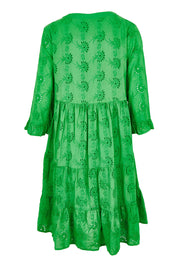 Product shot of the Essentials Frill Hem Broderie Cotton Dress in colour Green (Green), from the back